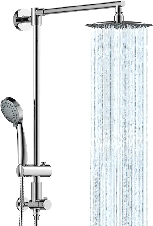 Fennocasa Polaris 1 Retrofit Rain Shower System, Rain Shower Head With 3-Setting Handheld Spray and Slide Bar, 8" Low Profile Shower Head with Hose (Chrome)