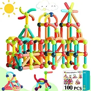 100PCS Magnetic Toys Building Blocks, Magnets for Kids 3 4 5 6 Year Old, Toddler Toys Age 2-4 for Boys Girls, Magnetic Balls and Magnet Rods Toy Building Set, Magnetic Tiles Toys for Toddlers