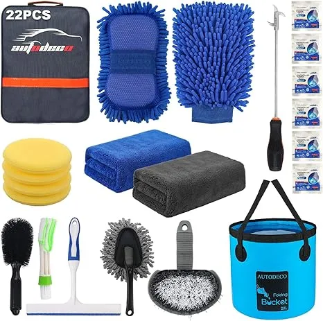 AUTODECO 22Pcs Car Wash Cleaning Tools Kit Car Detailing Set with Blue Canvas Bag Collapsible Bucket Wash Mitt Sponge Towels Tire Brush Window Scraper Duster Complete Interior Car Care Kit