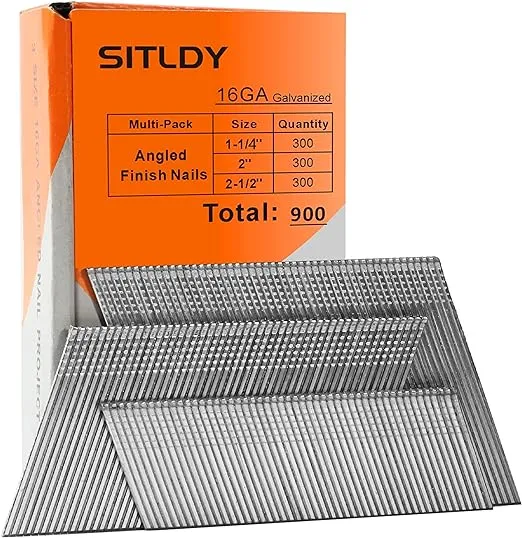 SITLDY 16 Gauge Angled Finish Nails, 20-Degree, 900-Pack (1-1/4", 2", 2-1/2", 300 Per Sizes), Galvanized Assorted Size Project Pack