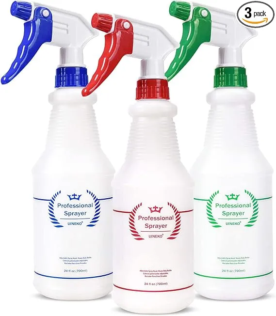 Uineko Plastic Spray Bottle (3 Pack, 24 oz, 3 Colors) Heavy Duty All-Purpose Empty Spraying Bottles Leak Proof Commercial Mist W