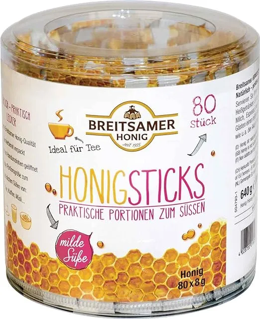 Breitsamer Honig Raw Honey Sticks, 0.28 oz, 80 Sticks/Tub