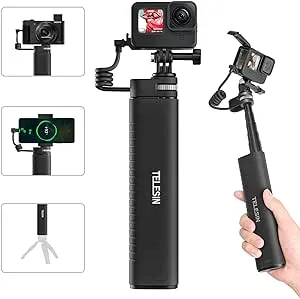 TELESIN Power Grip 35.4" Extension Selfie Stick Handler for Phone GoPro Mirrorless Camera Waterproof Large Capacity Battery Charger Bank for GoPro Hero 13 12 11 10 9 Insta360 DJI Action iPhone Android