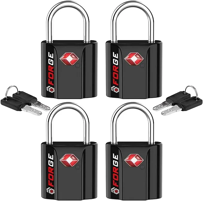 Forge Black 4 Pack TSA Approved Travel Luggage Locks Ultra-Secure Dimple Key Travel Locks with Zinc Alloy Body