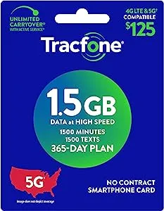 TracFone (Smartphone Only) Airtime Prepaid Service Card - Mail Delivery - 1.5GB Data / 1500 Minutes / 1500 Texts (1500 Minutes / 1500 Texts / 1.5GB Data, 365 Days)