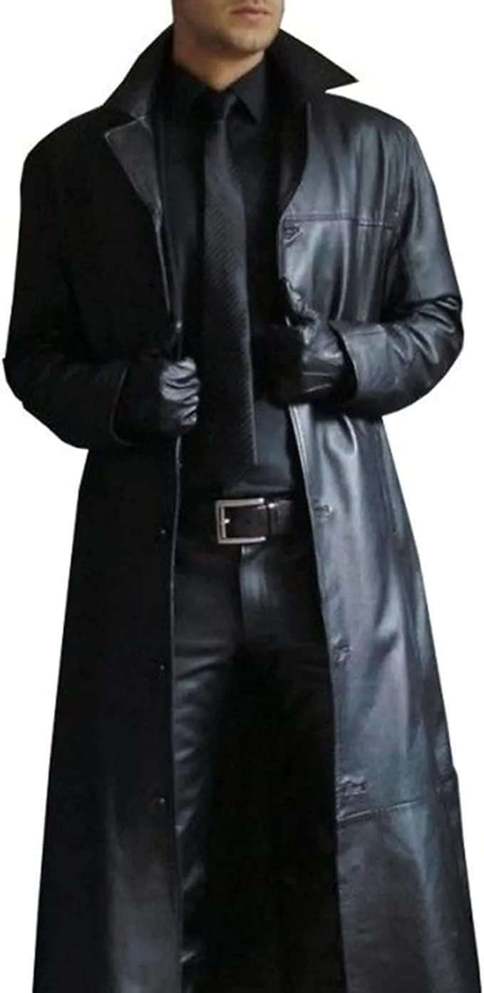 Yyeselk Mens Leather Trench Coat Full Length Black Classic Faux Leather Long Coat ...