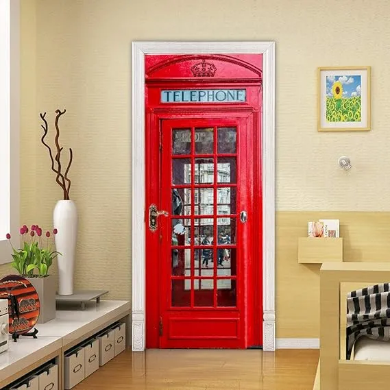 Xiangjun Door Sticker Decor Removable Mural Wallpaper of PVC Art Sticker, London Red Phone Booth Wall Decal Art 3D Wallpaper