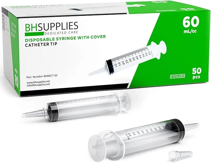 BH Supplies 60mL Syringe Catheter Tip Sterile with Caps - (No Needle) - Sterile, Individually Wrapped - 10 Syringes