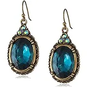 1928 Jewelry "Victorian Peacock" Blue Zircon Color Oval Faceted Brass Tone Drop Earrings1928 Jewelry "Victorian Peacock" Blue Zircon Color Oval Faceted Brass Tone Drop Earrings