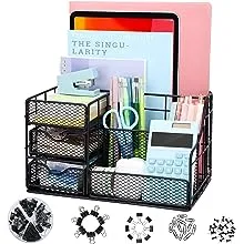 DEZZIE Desk Organizers and Accessories, Mesh Desk Organizer with 2 Sliding Drawers, Office Supplies and Organizers with 7 Compartments + 72 Clips Set,