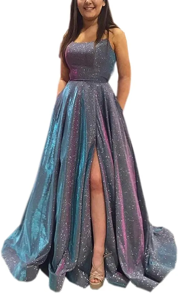 Prom Dresses Long A Line with Pockets Formal Evening Ball Gowns Side Slit Glitter Party Dress 2023