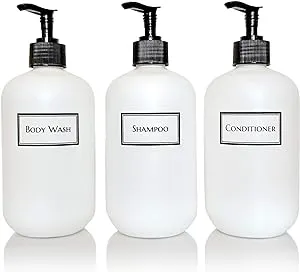 Silkscreened Empty Shower Bottle Set for Shampoo, Conditioner, and Body Wash, Squat 16 oz 3-Pack, White (Black Pumps)