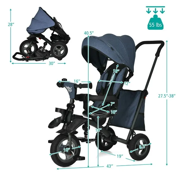 7-In-1 Baby Folding Tricycle Stroller with Rotatable Seat-Blue - Color: Blue