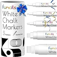 Funcils 5 White Chalk Markers for Chalkboard Signs, Blackboard, Car Window, Bistro, Glass | 5 Variety Pack - Thin, Fine Tip, Bold & Jumbo Size