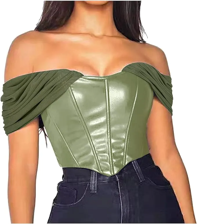 L'VOW Women's Sexy PU Leather Bustier Mesh Sleeve Boned Corset Crop Top Open Back Bodyshaper(Green,XL)L'VOW Women's Sexy PU Leather Bustier Mesh Sleeve Boned Corset Crop Top Open Back Bodyshaper(Green,XL)