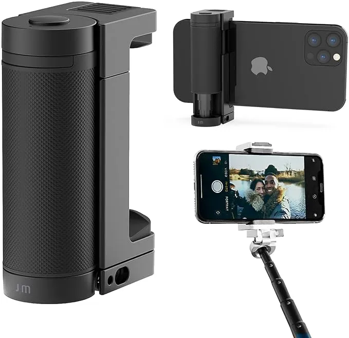 Just Mobile ShutterGrip 2 Secure Camera Handle Holder Removable Bluetooth Remote Clicker/Remote, FaceTime Zoom Stand, Selfie Stick/Tripod for iPhone Android Black (GP-200BK)