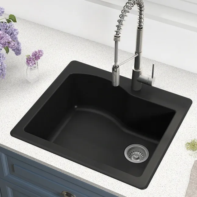 Kraus Quarza Dual-mount 25-in x 22-in Black Granite Single Bowl 1-Hole Kitchen Sink