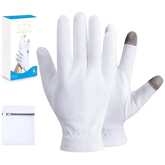 MNOPQ 100% Cotton Moisturizing Gloves 4 Pairs, Touch Screen White Cotton Gloves for Dry Hands, Eczema, Sleeping, Overnight, Lotion & Spa Treatment with Wristband and Washing Bag, Small