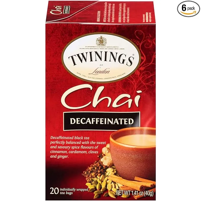 Twinings Decaffeinated Chai Individually Wrapped Black Tea Bags, 20 Count Pack of 6, Sweet, Savoury Spices 