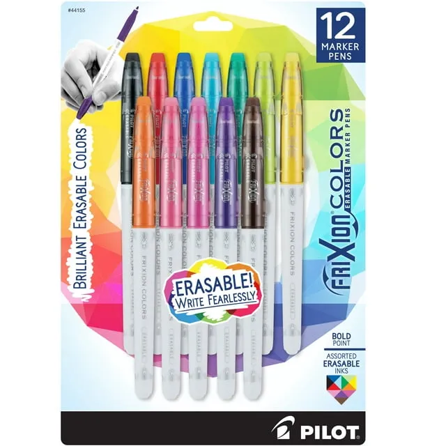 Pilot Frixion Colors Erasable Marker Pens, Bold Point, Assorted Colors, 12 Count