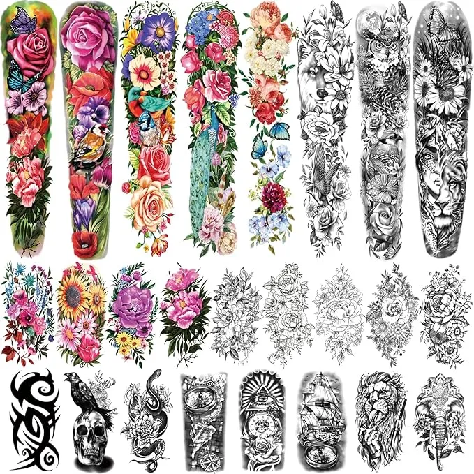 Gabizafia 8 Sheets Full Arm Temporary Tattoo and 17 Sheets Half Arm Tattoo 30 Sheets Tiny Tattoo Butterfly Daisy Waterproof Realistic Tattoos for