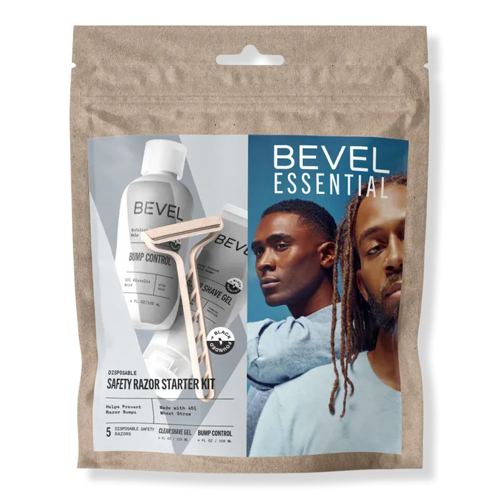 Bevel Essentials - Kit de iniciación de afeitado de seguridad desechable para hombres, incluye 5 maquinillas de afeitar de seguridad de doble cara de acero inoxidable, gel de afeitado transparente y crema de control de golpes para después del afeitado