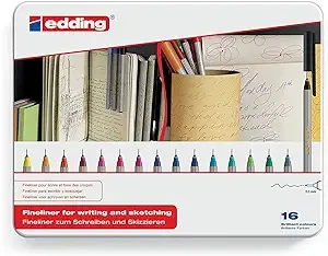 Edding 55 Fineliner Drawing Art Pen Assorted Metal Gift Tin - Set Of 16 Pens