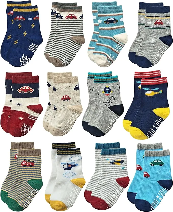 Rative Anti Skid Non Slip Slipper Cotton Crew Dress Socks with Grips for Baby Walker Toddlers Kids Boys 2T 3T (1-3t 12 Designs/rb-71112)