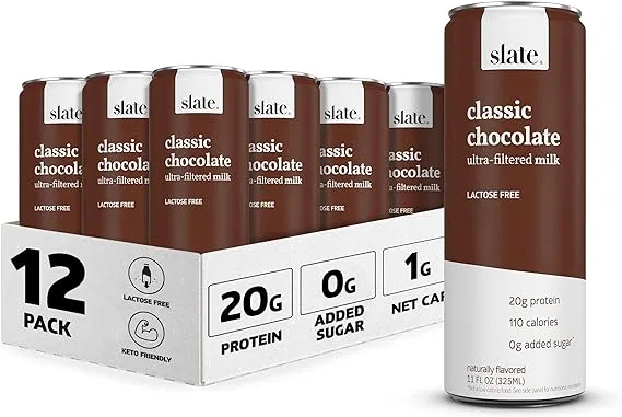 Slate Milk - High Protein Milk Shake - Classic Chocolate - Lactose Free, 20g Protein, 1g Sugar, 100 Calories, 2g Net Carbs, No Added Sugar - Natural, Breakfast Boost, Post Workout - 11 fl oz, 12 Cans