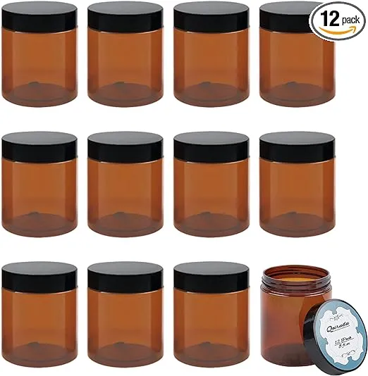 Qeirudu 8 oz Amber Plastic Jars with Lids and Labels, 12 Pack 8 oz, 