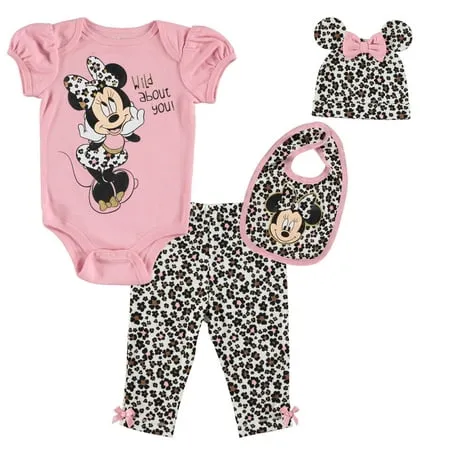 Disney Minnie Mouse Infant Baby Girls Bodysuit Pants Bib and Hat 4 Piece Outfit Set Newborn to Infant