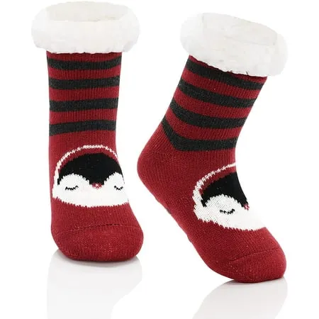 Zando Kids Girls Boys Slipper Socks Christmas Warm Fleece Fuzzy Socks Non-Skid Children Animal Thick Grip Fluffy Socks Red Penguin XL