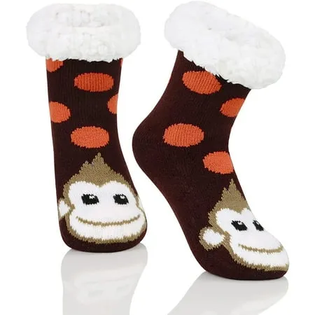 Zando Kids Girls Boys Slipper Socks Christmas Warm Fleece Fuzzy Socks Non-Skid Children Animal Thick Grip Fluffy Socks Smile Monkey 2XL