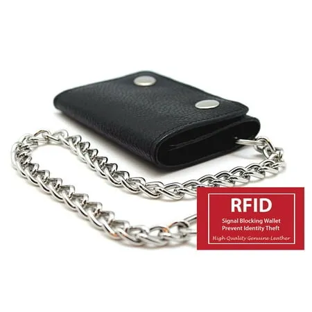 RFID Blocking Black Mens Leather Biker s Chain Trifold Wallet Trucker Motorcycle