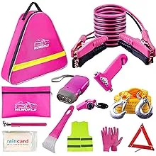 HLWDFLZ Car Emergency Kit, Pink Roadside Assistance Kit with Jumper Cable, Tow Rope, LED Road Flare, Deer Whistles and More Women Emergency Safety Tool Kit