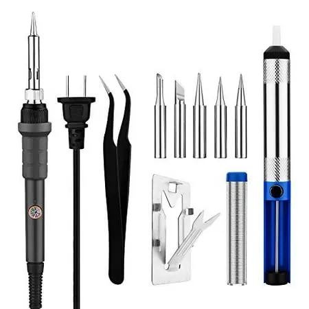 Victake 60W Soldering Iron Kit - Adjustable Temperature 5pcs Different Tips Desoldering Pump Stand anti-static Tweezers and Solder Wire