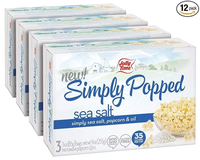 JOLLY TIME Simply Popped Sea Salt | Vegan, Dairy Free Lightly Salted Microwave Popcorn - Gluten Free & Kosher Snack with Natural Whole Grain Kernels (3-Count Box, Pack of 4)