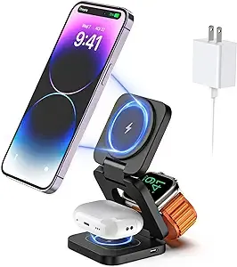 Ku Xiu X55 Fast Wireless Charger, Magnetic Foldable 3 in 1 Charging Station for iPhone 15/14/13/12/Pro/Plus/Pro Max, 5W Portable Charger for Apple