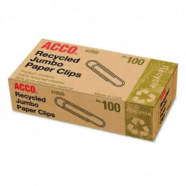 Acco Recycled Paper Clips Jumbo 100 per Box 10 Boxes Pack