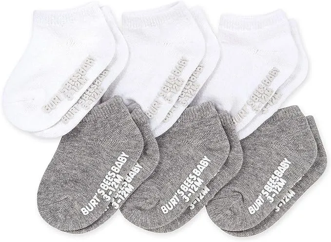 Burt's Bees Baby 6 Pack Organic Cotton Ankle Socks - White & Grey 0-3M