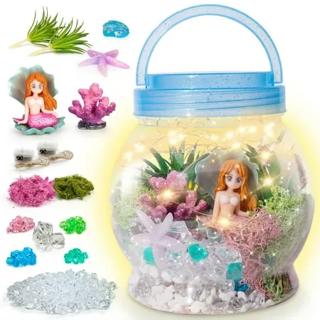 SUNNYPIG DIY Light-up Kit for Kids with Mermaid Toys Mermaid Gifts for Girls Magical Mini Fairy Garden in a Jar with LED Light Christmas and Birthday Gifts for 3 4 5 6 7 8 9+ Year Old Gir