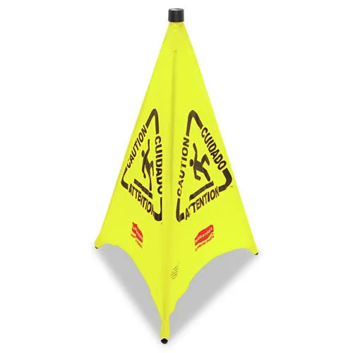 Rubbermaid Commercial Products Portable/Wall-Mount 3-sided Multilingual Wet Floor Pop Up Floor Cone with Storage Tube, 30", Yellow, Prevent Accidents in Restaurant/Grocery Store/Office