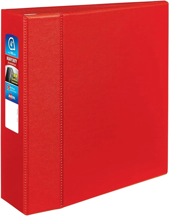 Avery Heavy-Duty 3 Ring Binder, 4 Inch One Touch EZD Rings, 4.5 Inch Spine, 1 Red Binder (79584)Avery Heavy-Duty 3 Ring Binder, 4 Inch One Touch EZD Rings, 4.5 Inch Spine, 1 Red Binder (79584)