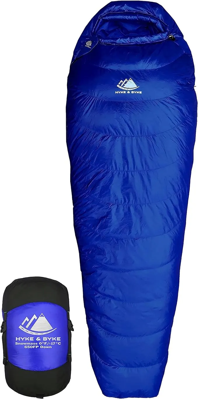 Hyke and Byke Snowmass 0°F Ultralight 650FP Down Sleeping Bag, Long / Blue