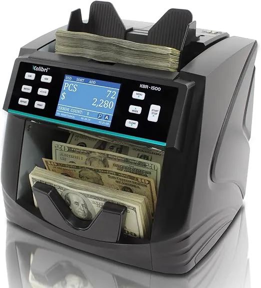 Kolibri KBR-1500 Bank Grade Mixed Denomination Money Counter Machine, Sorter and Value Reader with Advanced Counterfeit Detection (UV/MG/MT/IR/2CIS), Multi-Currency (USD/CAD/MXN), Printing Enabled