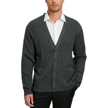 Kallspin Men’s Wool Blend V-Neck Cable-Knit Cardigans Sweaters (Charcoal Medium)