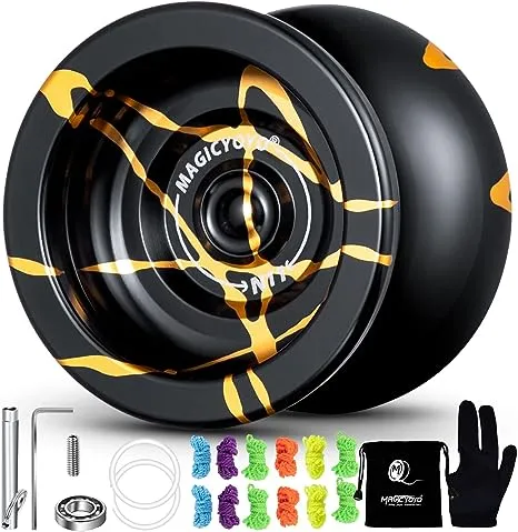 MAGICYOYO N11 Alloy Aluminum Professional Yoyo Unresponsive Yoyo Ball (Black with Golden) with Bag, Glove and 5 Strings