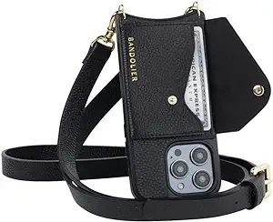 Bandolier Hailey Crossbody Phone Case and Wallet - Compatible with iPhone 14 Pro Genuine Pebbled Black Leather with Pocket and Removable Shoulder Strap