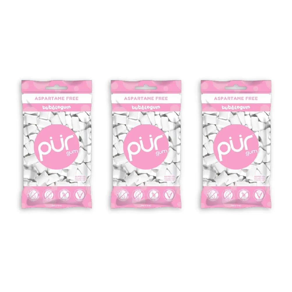 PUR Gum | Aspartame Free Chewing Gum | 100% Xylitol | Sugar Free, Vegan, Gluten Free & Keto Friendly | Natural Bubblegum Flavored Gum, 55 Pieces (Pack of 3)