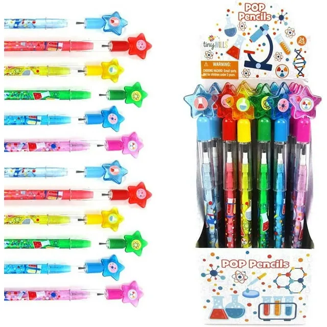 TINYMILLS 24 Pcs Science Themed Multi Point Stackable Push Pencil Assortment with ...